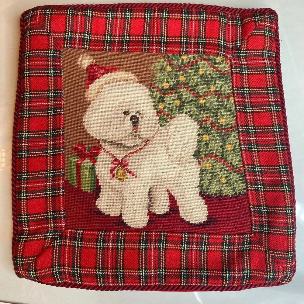 123 Creations Santa Bishon Frise Dog Christmas Tree Wool Embroidery Pillow Cover
